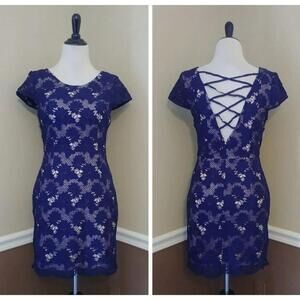 Blue Floral Lace Beige Lining Strappy V Back Modcloth Cocktail Dress by Soieblu